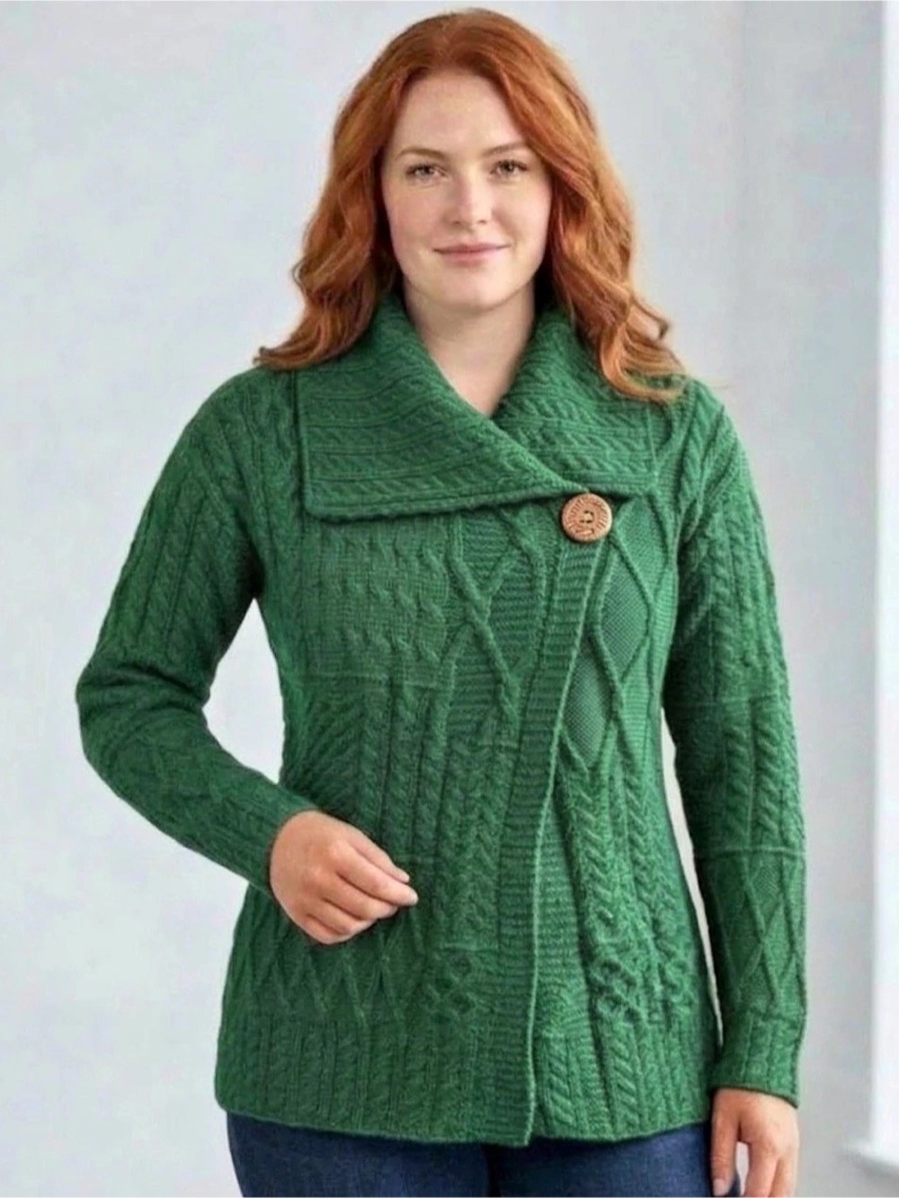 Aran Woollen Mills Irish Merino Wool Cable Knit Green Sweater Women's Size XL